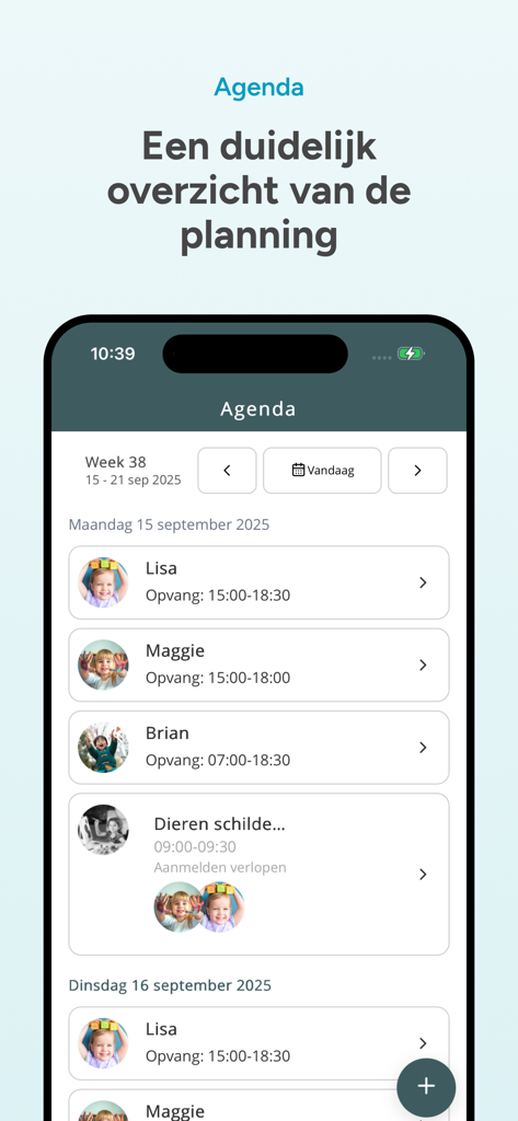 Smartphone screen showing a daily childcare schedule for multiple children with times and activity details in the Konnect app.