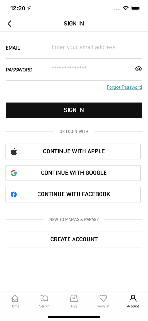 Mamas und Papas mobile App Anmeldebildschirm mit E-Mail-Social-Login und Optionen zur Kontoerstellung