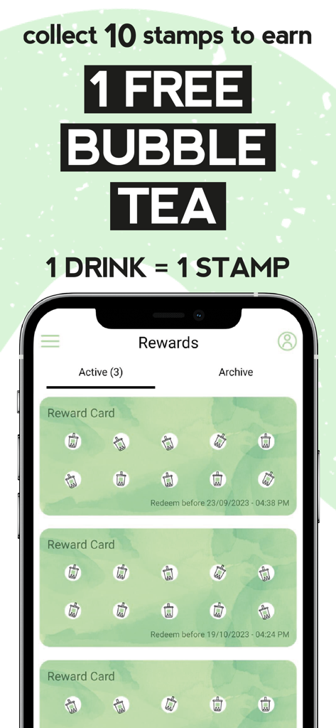 Bubble CiTea - Un écran d'application mobile montrant des tampons de fidélité numériques pour gagner un bubble tea gratuit chez Bubble CiTea.