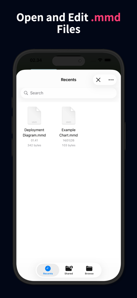 Mobile app interface for opening and editing mmd files in the Mermaid charts editor