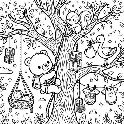 Get ready for an adorable adventure with this unique tree climbers baby shower coloring page! A cute bear ascends a tree filled with charming nursery elements, perfect for celebrating new life and woodland fun.