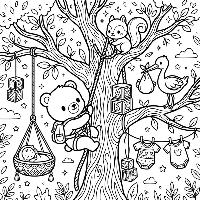 Get ready for an adorable adventure with this unique tree climbers baby shower coloring page! A cute bear ascends a tree filled with charming nursery elements, perfect for celebrating new life and woodland fun.