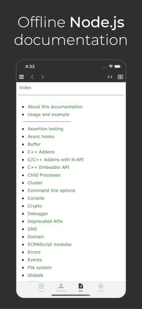 Captura de pantalla de la aplicación Node.js Lab mostrando el índice de documentación sin conexión con temas como pruebas de aserción y ganchos asíncronos.