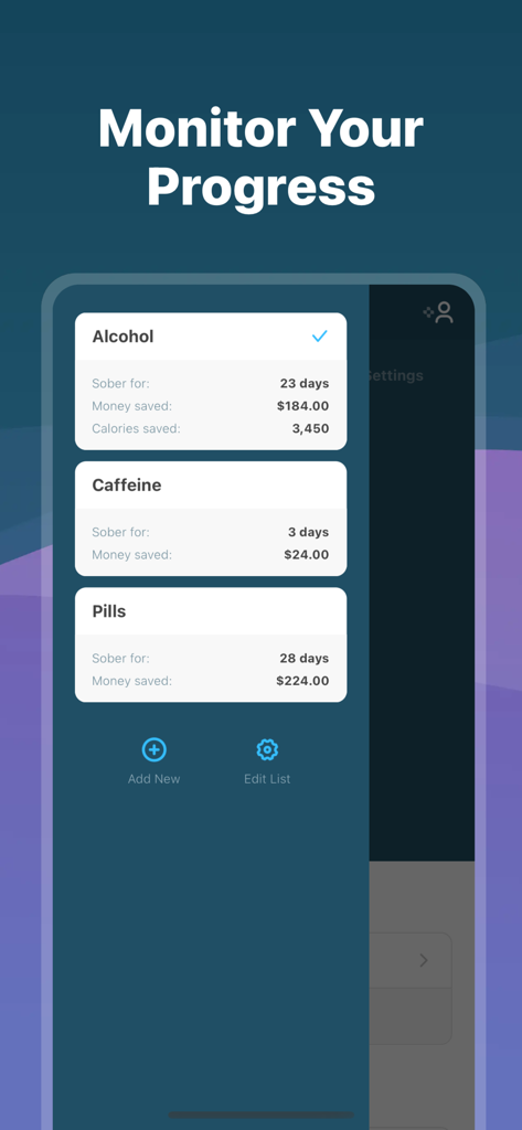 I Am Sober - I Am Sober アプリのダッシュボードに、節酒日数とアルコール、カフェイン、薬の節約額が表示されています