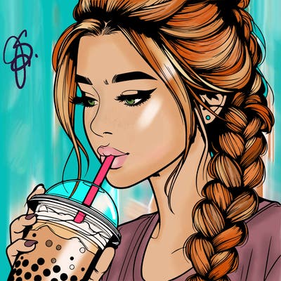 realistic girl drinking boba tea with braided hair
