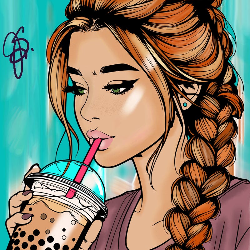 realistic girl drinking boba tea with braided hair