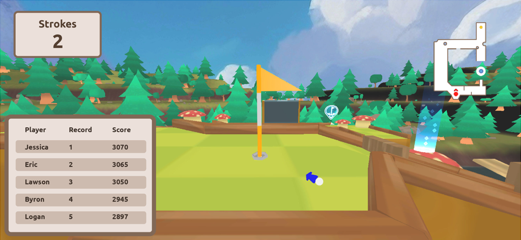 Jacfit - Jacfit app mini-golf motion game interface featuring a leaderboard and strokes counter in a 3D forest environment.