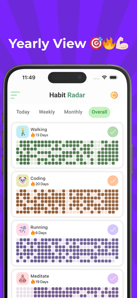 Habit Radar : Habit Tracker - Habit Radar app showing a yearly view of habit streaks with colorful grid charts