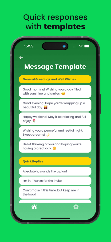 MultiChat Business Messenger - Oberfläche von MultiChat Business Messenger mit Schnellantwortvorlagen für Begrüßungen und Antworten.