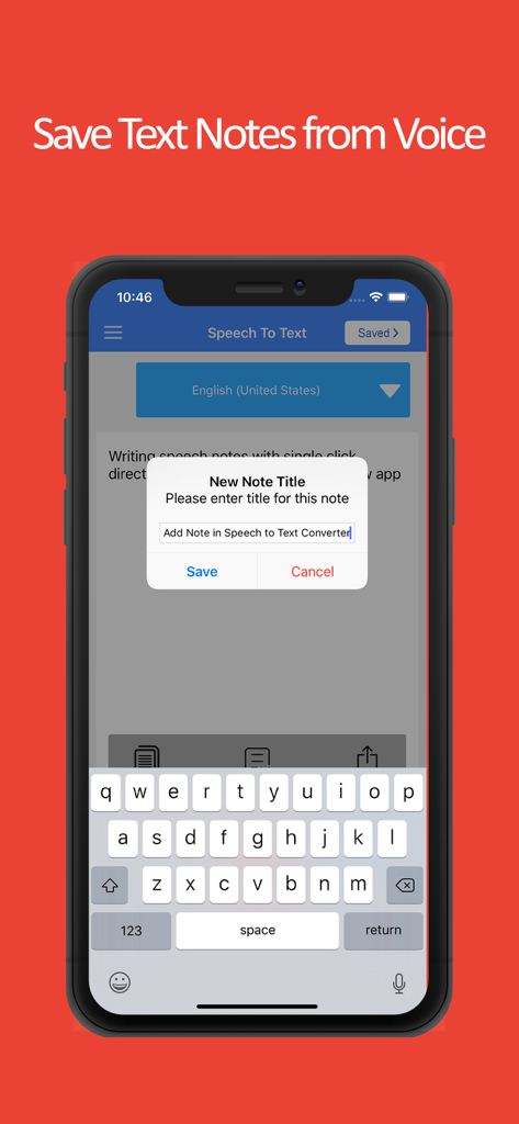 Speech to Text Voice Typing - Una interfaz de smartphone que muestra una ventana emergente para nombrar y guardar una nota transcrita por voz en la aplicación Voz a Texto.