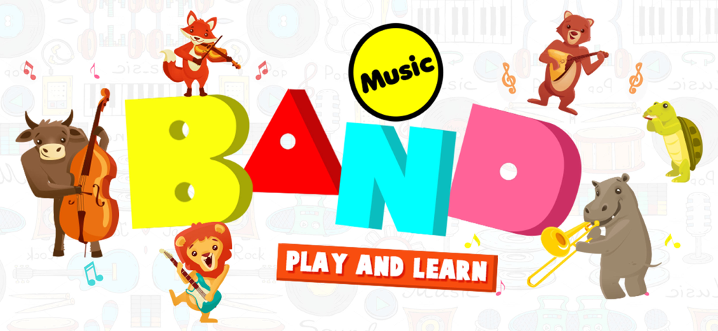 Musical Band! Play and Learn - Cartoon animals playing various musical instruments for a children's learning app banner.