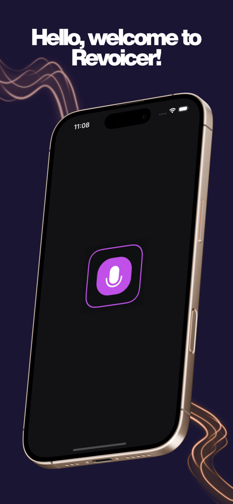 A smartphone displaying the welcome screen of the Revoicer AI Voice Generator app with a microphone icon
