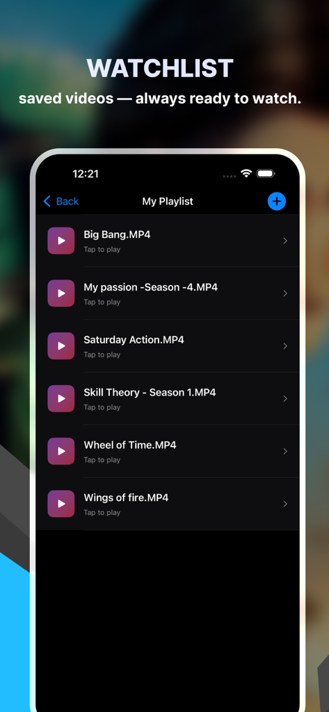 OMP - Offline Media Player - OMP app watchlist screen displaying a list of saved MP4 videos.