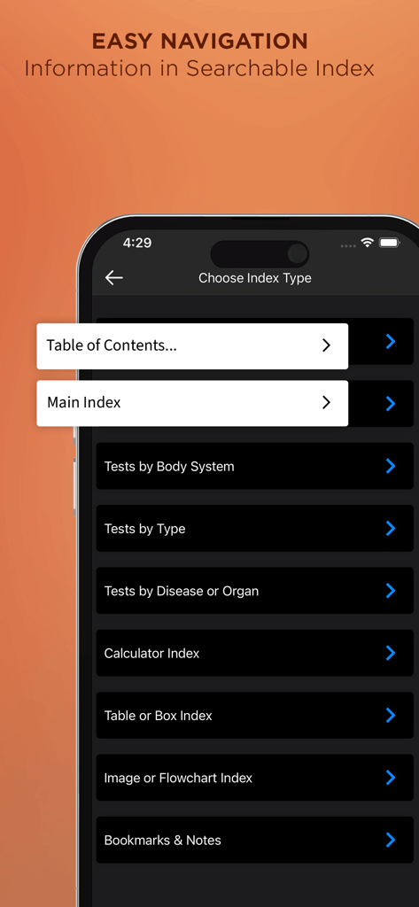 Mosby’s Diag and Lab Test Ref - navigation menu of mosbys diagnostic and laboratory test reference app showing searchable index types