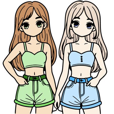 two sisters with crop tops and jean shorts and straight hair