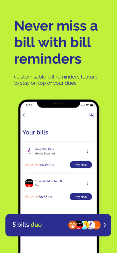 Flash: Mobile Payments & Bills - Flash 앱 인터페이스에 DSL 및 모바일 요금과 같은 서비스에 대한 청구서 알림 목록 및 결제 옵션이 표시됨
