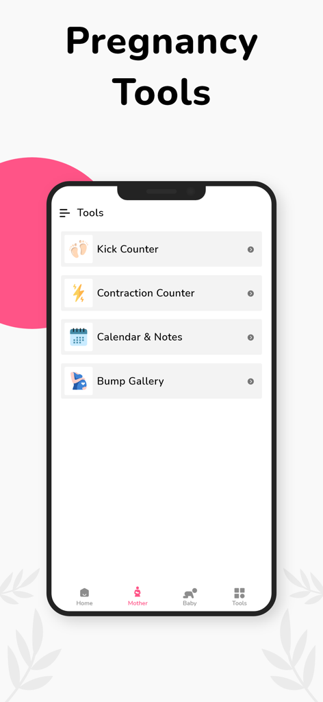 Pregnancy Tracker Week by Week - Pantalla de herramientas de la aplicación de seguimiento del embarazo que muestra opciones para un contador de patadas, contador de contracciones y calendario de embarazo