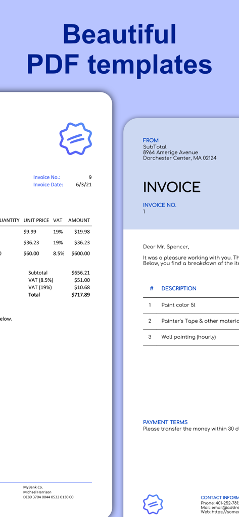 Invoice Maker: SubTotal - Dos plantillas de facturas PDF profesionales para autónomos y propietarios de pequeñas empresas