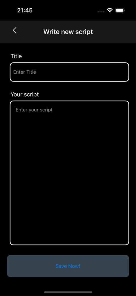 ForPrompt Mobile - Write new script screen in ForPrompt Mobile app