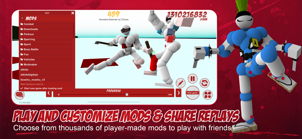 Interface mobile do Toribash mostrando o menu de mods do jogo e jogabilidade de combate ragdoll baseado em física.