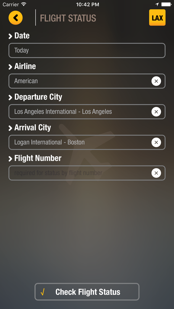 Interface de l'application mobile Terminal Buddy montrant les options de recherche de statut de vol par compagnie aérienne et ville de départ.