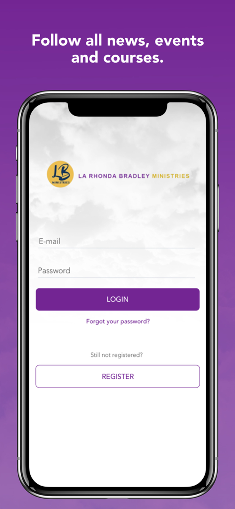 Oneness Spiritual Center - Login and registration interface for the Oneness Spiritual Center mobile app on an iPhone
