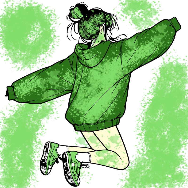 realistic girl jumping with a bun and oversized sweatshirt
