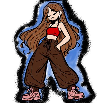 girl in baggy pants crop top and long hair