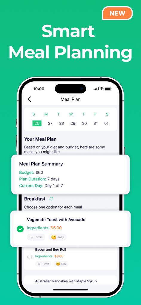 WiseList - WiseListモバイルアプリのインターフェース。予算追跡と毎日のレシピを備えたスマート食事計画用。