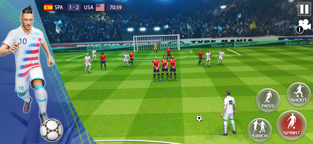 Play Soccer 2026 - Real Match - Play Soccer 2026 mobile gameplay showing a USA versus Spain match with 3D graphics and on screen controls
