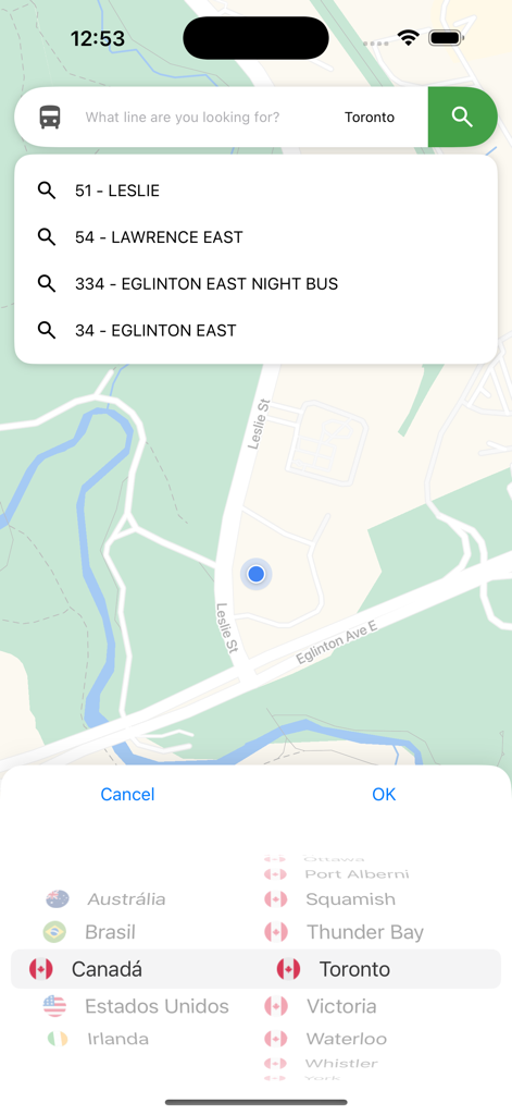 Bus is Coming - Interface de l'application Bus is Coming montrant les résultats de recherche de lignes de bus pour Toronto dans une vue de carte