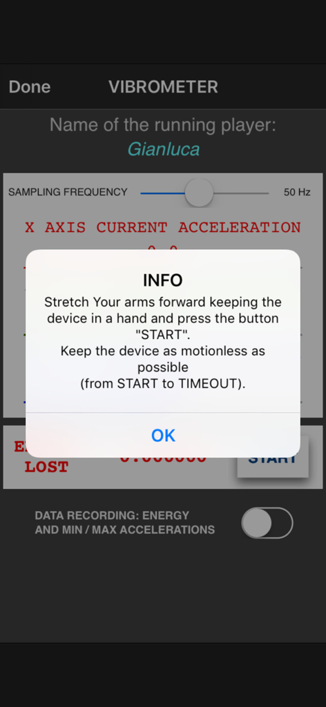 Vibrometerアプリのスクリーンショット。安定性チャレンジの実行方法に関する指示が表示された情報ポップアップが表示されています。