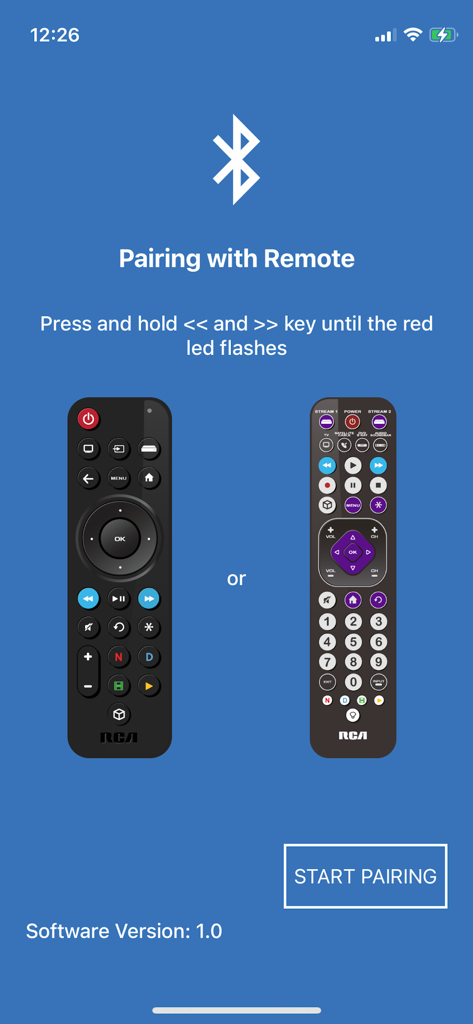 RCA Smart Remote - Pantalla de configuración de emparejamiento para la aplicación RCA Smart Remote que muestra instrucciones de conexión del control remoto físico