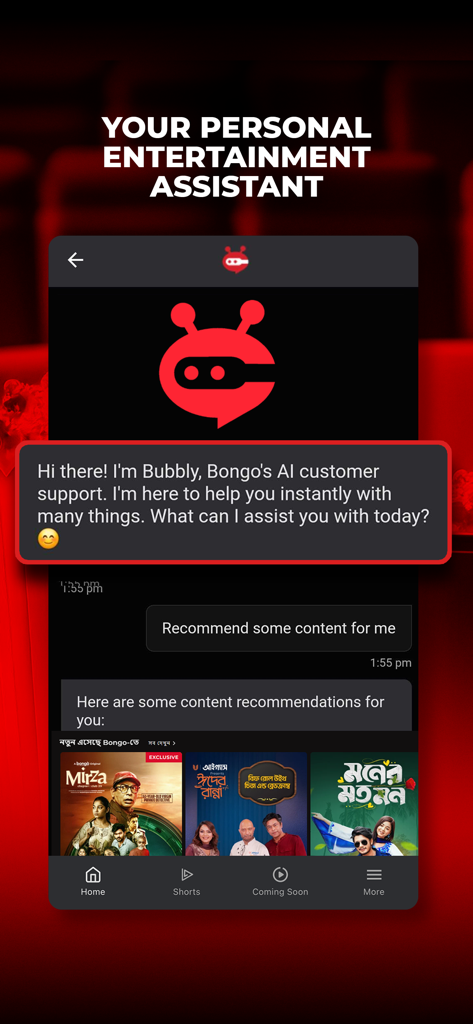 Bongo: Movies, Series & Shows - Screenshot of the Bongo app featuring Bubbly, an AI assistant providing personalized movie and show recommendations.