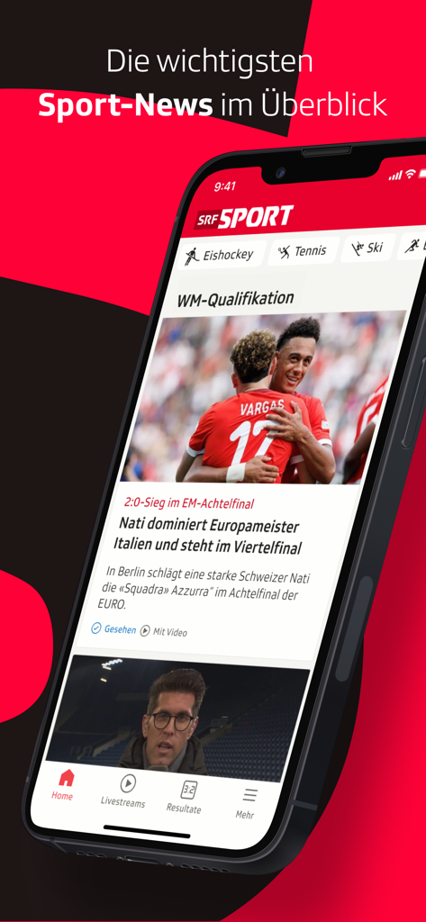 SRF Sport - Live Sport - SRF Sport app news interface on an iPhone displaying Swiss football results
