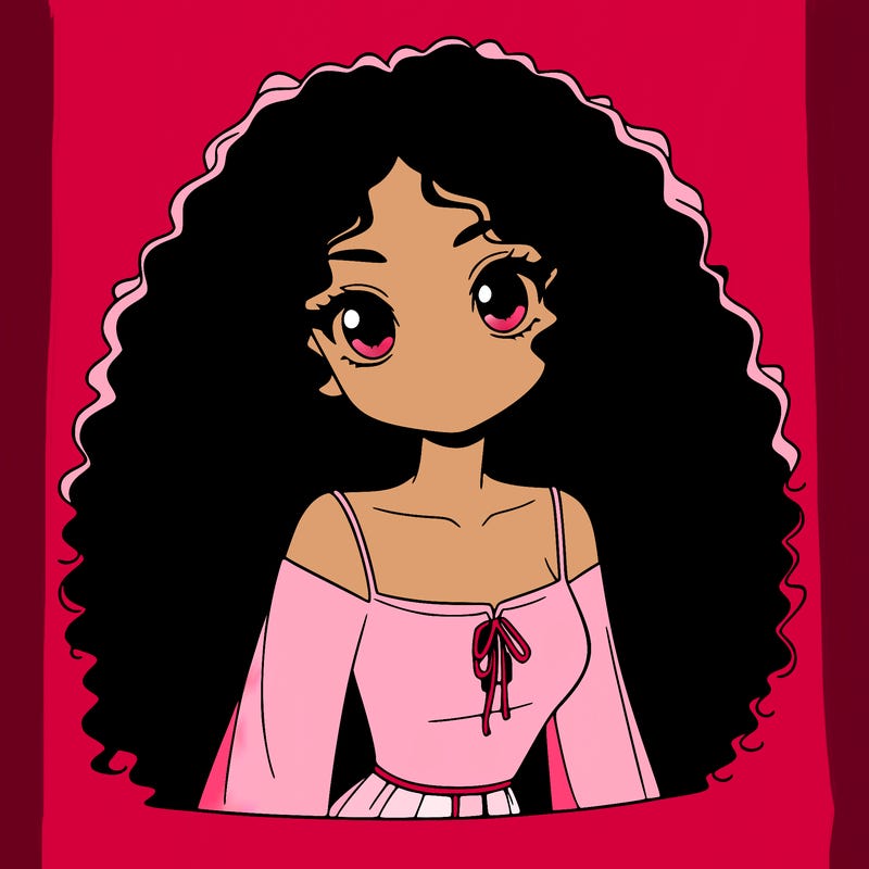 a black anime girl with long afro hair