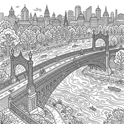 Immerse yourself in this wonderfully detailed coloring page featuring a grand pedestrian bridge overlooking a vibrant city. Discover cyclists and walkers enjoying the urban panorama, ready for your creative touch.