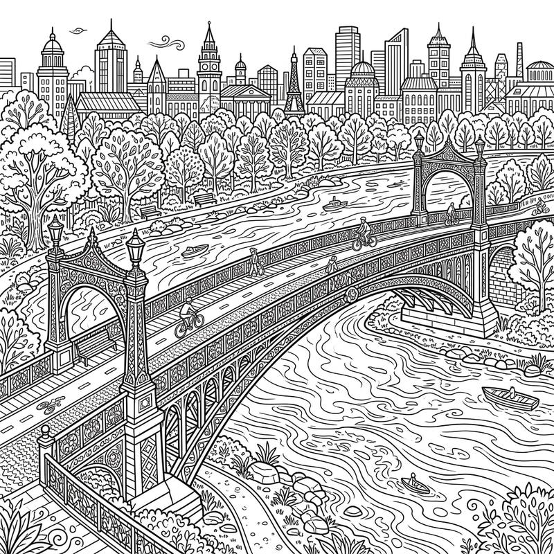 Immerse yourself in this wonderfully detailed coloring page featuring a grand pedestrian bridge overlooking a vibrant city. Discover cyclists and walkers enjoying the urban panorama, ready for your creative touch.