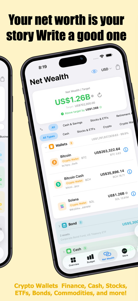 Wealth - All in One Tracker - Schermata dello smartphone che mostra una dashboard del patrimonio netto con wallet di criptovalute, obbligazioni e saldi in contanti nell'app Wealth.