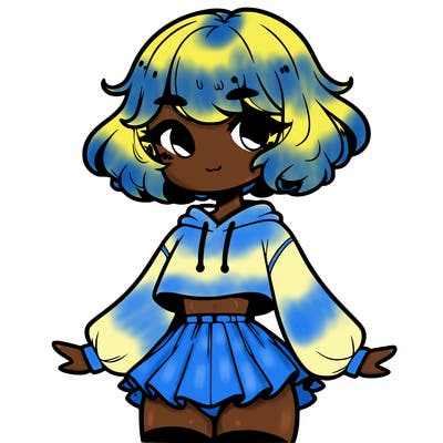 cute femboy with short, fluffy hair that softly frames their face, wearing a cropped hoodie, paired with a flouncy short skirt, and thigh-high stockings