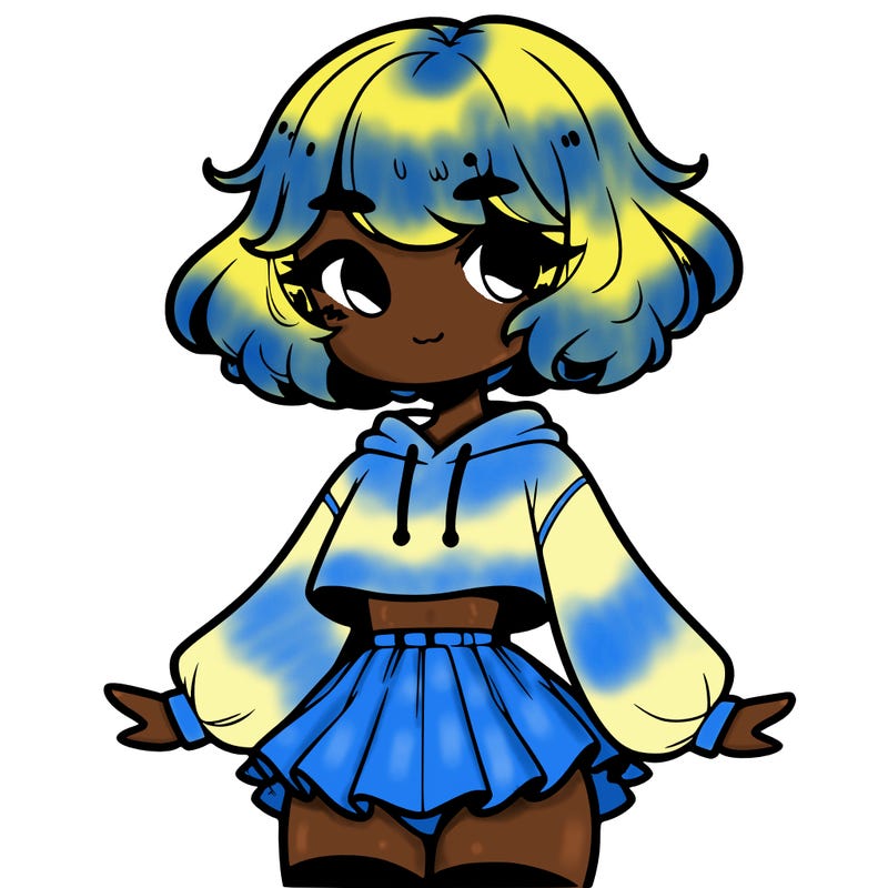 cute femboy with short, fluffy hair that softly frames their face, wearing a cropped hoodie, paired with a flouncy short skirt, and thigh-high stockings