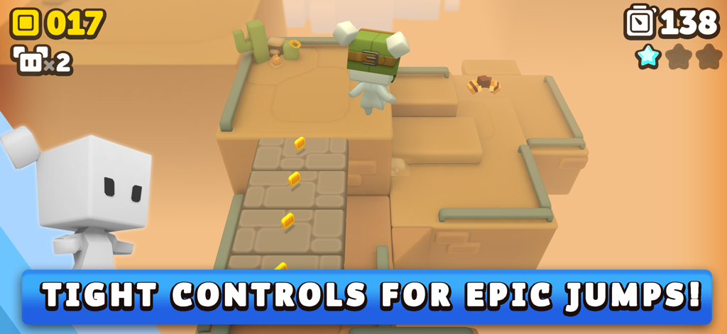 Suzy Cube Halfbrick+ - Personaje de Suzy Cube saltando en un nivel de plataformas 3D en un desierto con monedas de oro y controles precisos