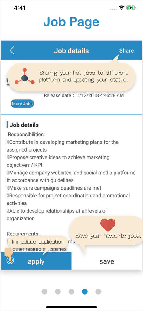 Captura de tela da página de detalhes do emprego no aplicativo hello-jobs Macau, apresentando opções para compartilhar, candidatar-se e salvar empregos