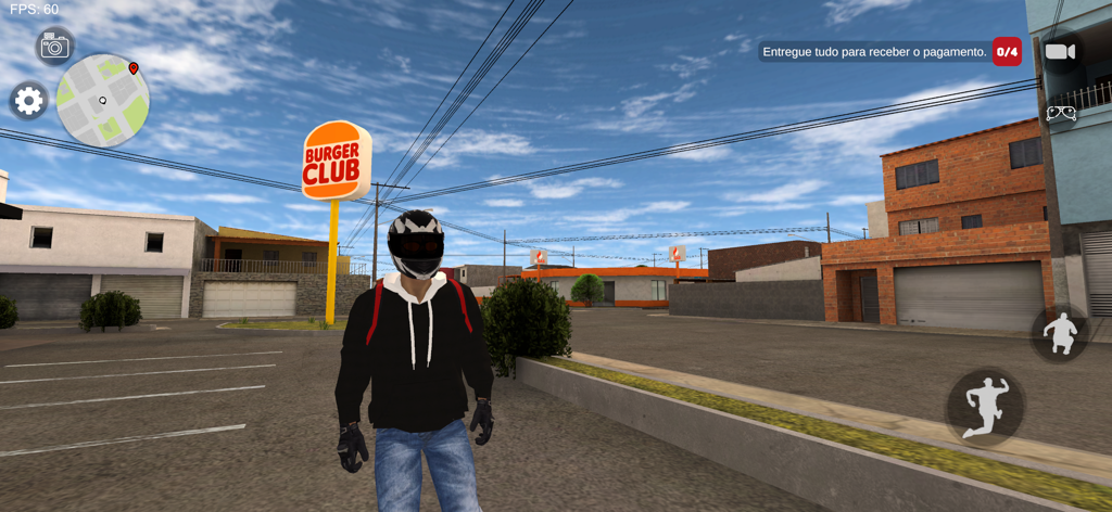 Un personaje con casco de pie en una calle del mundo abierto de Elite Auto Brasil Moto Grau cerca de un letrero de Burger Club.