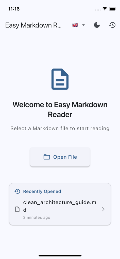 Easy Markdown Reader - Home screen of the Easy Markdown Reader app showing a welcome message and an open file button