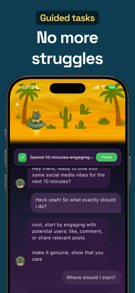 Goodtails: Dog Training & Care - Smartphone screen showing the Goodtails app interface with a guided tasks header and a chat conversation featuring a playful desert illustration.
