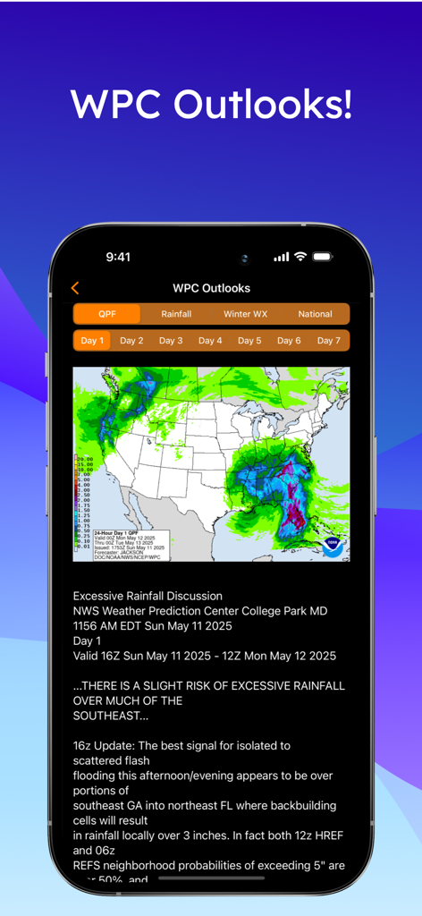 AlerWX - Interfaz de la aplicación AlerWX que muestra pronósticos del WPC con un mapa interactivo de lluvia y texto de discusión de lluvia excesiva.