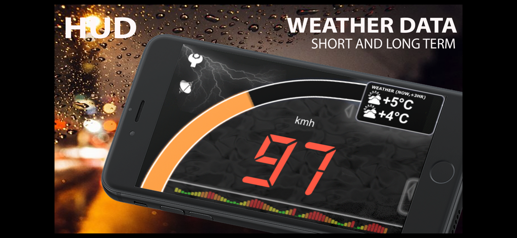 aSmart HUD - asmart hud app displaying digital speedometer and weather forecast on a smartphone