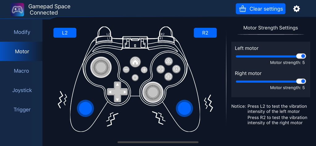 Gamepad Space - Interface of the Gamepad Space app showing motor strength settings for adjusting controller vibration intensity.