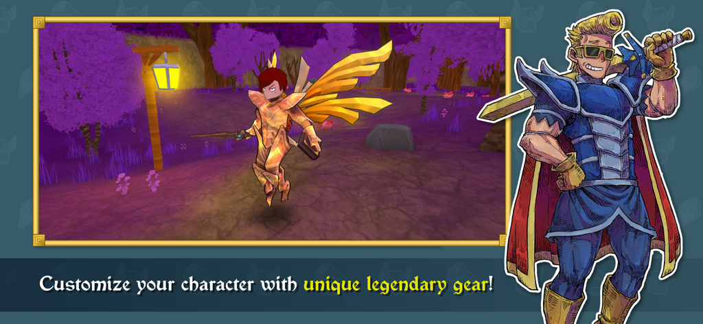 Um personagem em armadura dourada lendária com asas em pé em uma floresta de fantasia ao lado de uma ilustração de um guerreiro.